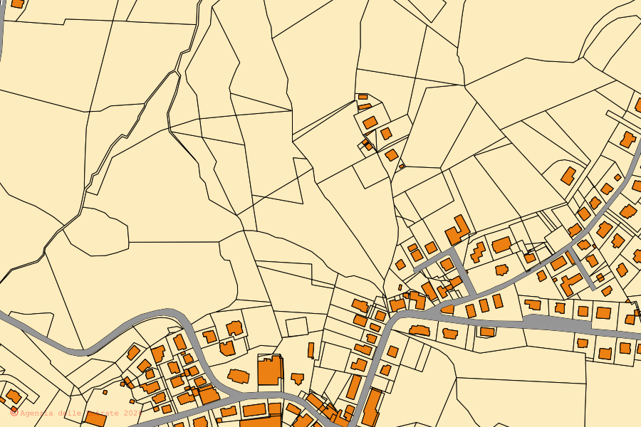 Mappa catastale del centro di Mondaino: particelle e fabbricati, cartografia Agenzia delle Entrate