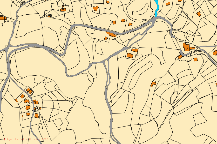 Mappa catastale del centro di Monfumo: particelle e fabbricati, cartografia Agenzia delle Entrate