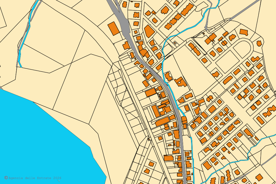 Mappa catastale del centro di Montecalvo in Foglia: particelle e fabbricati, cartografia Agenzia delle Entrate