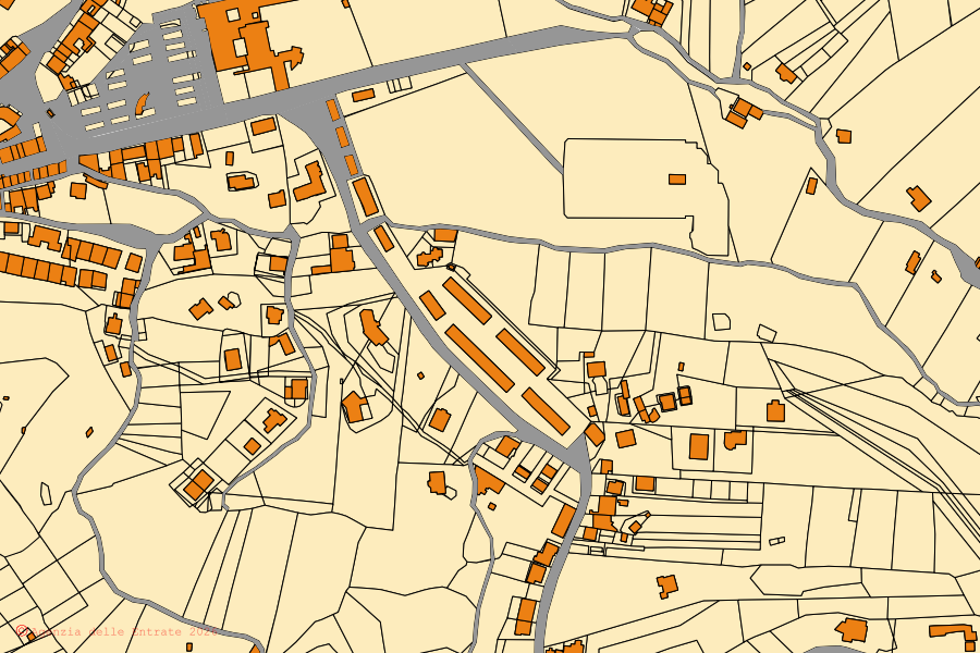 Mappa catastale del centro di Montecalvo Irpino: particelle e fabbricati, cartografia Agenzia delle Entrate