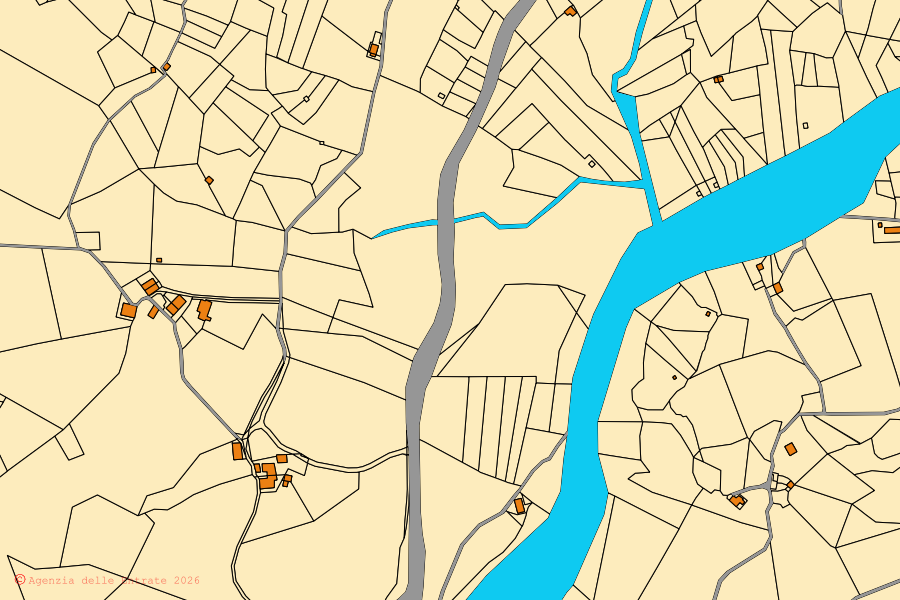 Mappa catastale del centro di Montecreto: particelle e fabbricati, cartografia Agenzia delle Entrate