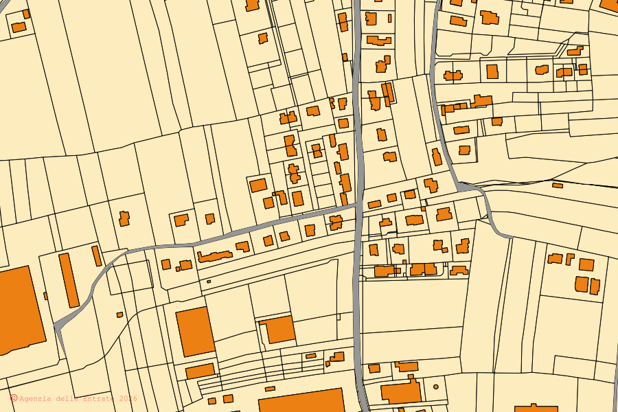 Mappa catastale del centro di Moriago della Battaglia: particelle e fabbricati, cartografia Agenzia delle Entrate