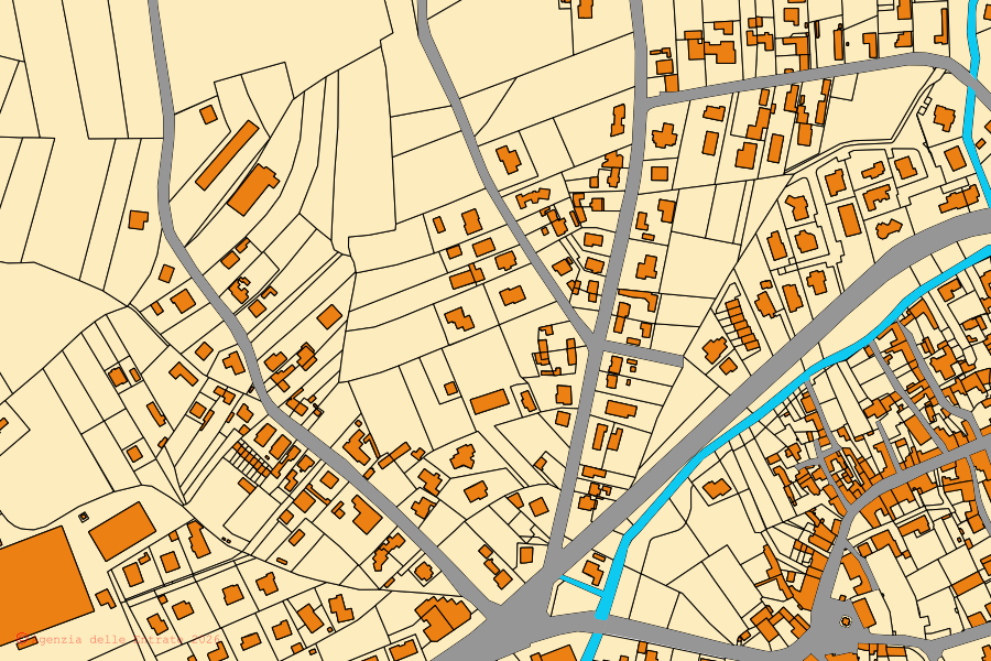 Mappa catastale del centro di Muzzana del Turgnano: particelle e fabbricati, cartografia Agenzia delle Entrate