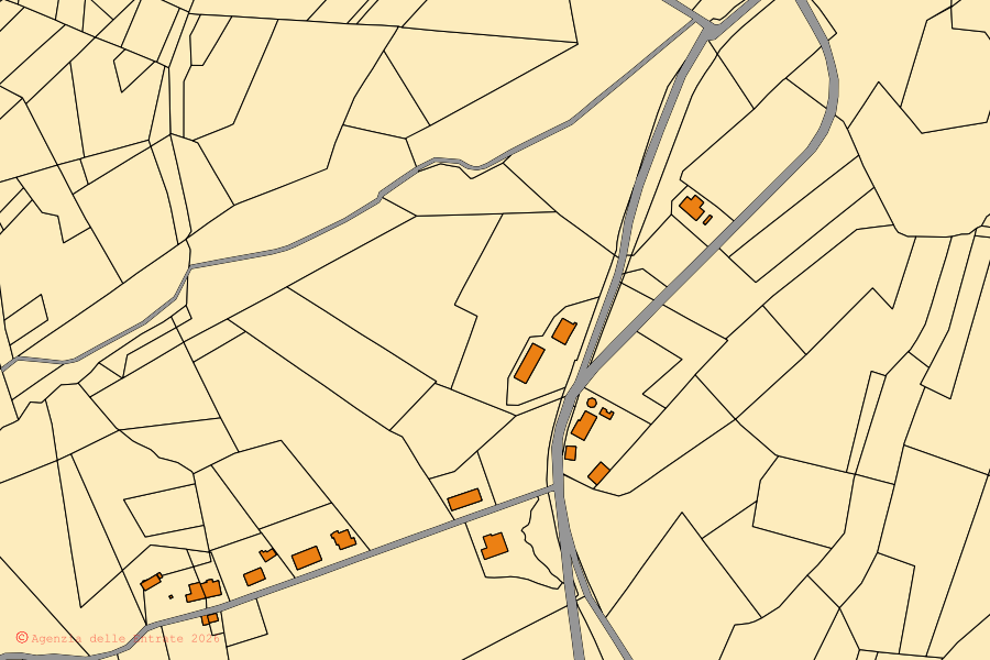 Mappa catastale del centro di Orciano Pisano: particelle e fabbricati, cartografia Agenzia delle Entrate