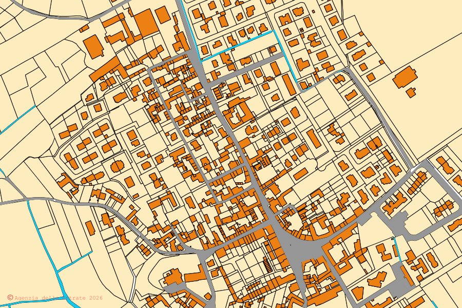Mappa catastale del centro di Orio Litta: particelle e fabbricati, cartografia Agenzia delle Entrate
