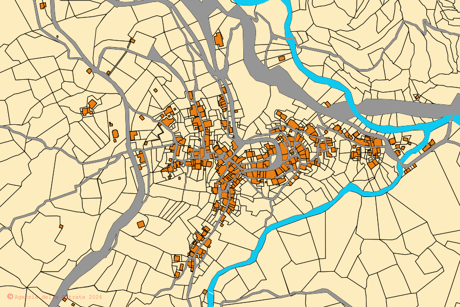 Mappa catastale del centro di Ortignano Raggiolo: particelle e fabbricati, cartografia Agenzia delle Entrate