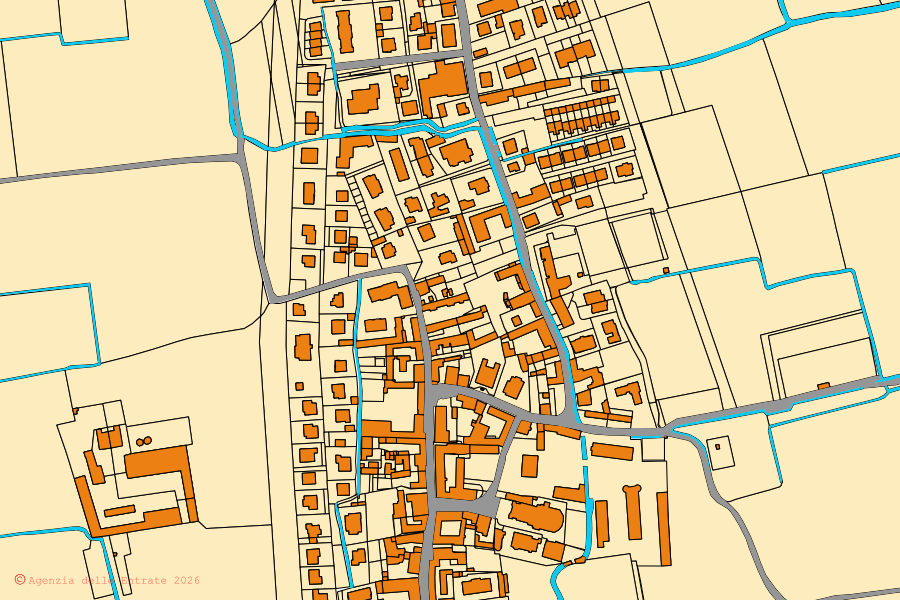 Mappa catastale del centro di Ossago Lodigiano: particelle e fabbricati, cartografia Agenzia delle Entrate