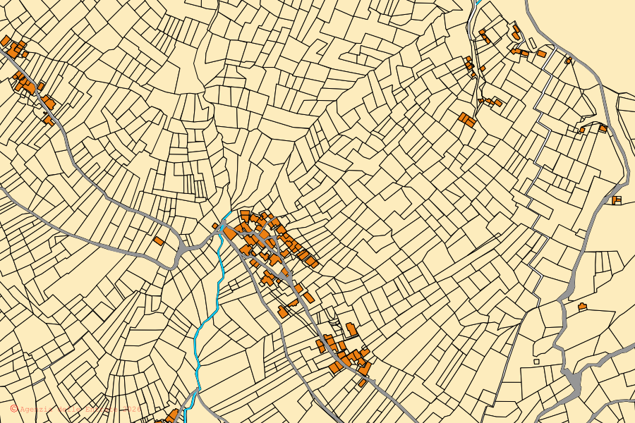 Mappa catastale del centro di Ostana: particelle e fabbricati, cartografia Agenzia delle Entrate