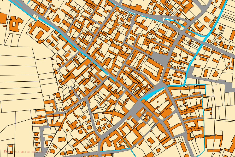 Mappa catastale del centro di Pancalieri: particelle e fabbricati, cartografia Agenzia delle Entrate