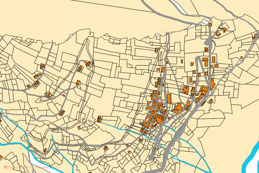 Mappa catastale del centro di Pedesina: particelle e fabbricati, cartografia Agenzia delle Entrate