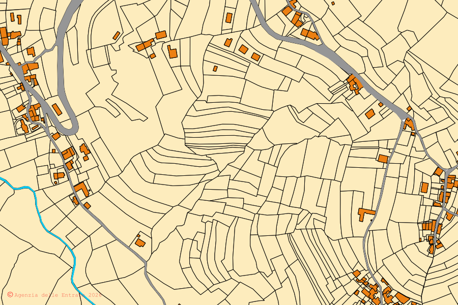 Mappa catastale del centro di Perlo: particelle e fabbricati, cartografia Agenzia delle Entrate