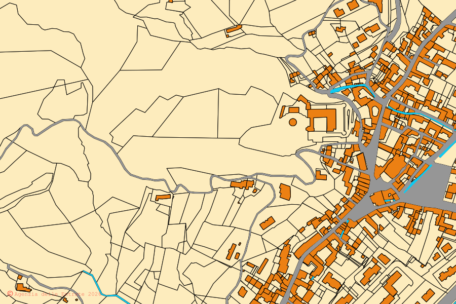 Mappa catastale del centro di Piasco: particelle e fabbricati, cartografia Agenzia delle Entrate