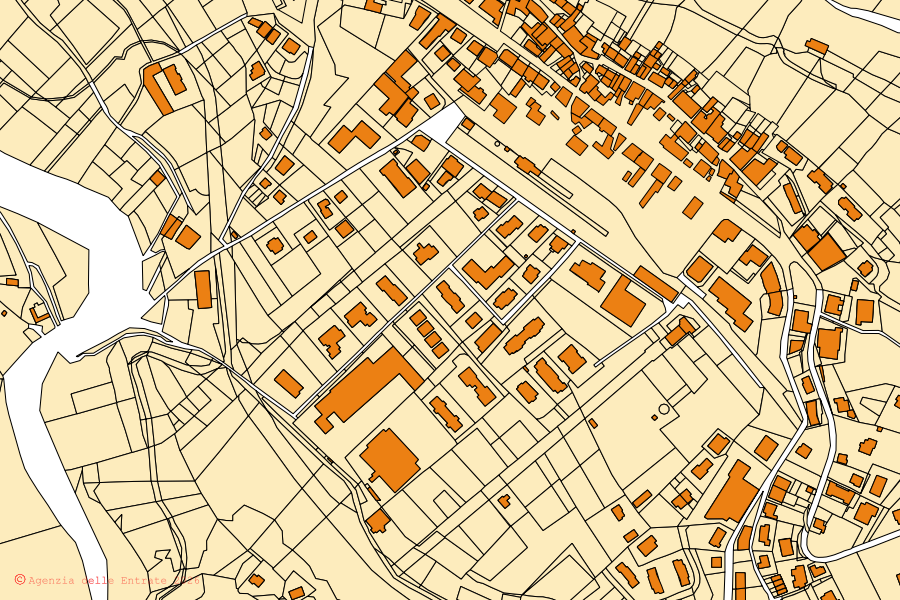 Mappa catastale del centro di Piazza Brembana: particelle e fabbricati, cartografia Agenzia delle Entrate