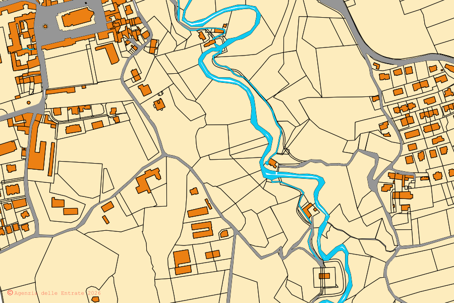 Mappa catastale del centro di Pieve del Grappa: particelle e fabbricati, cartografia Agenzia delle Entrate