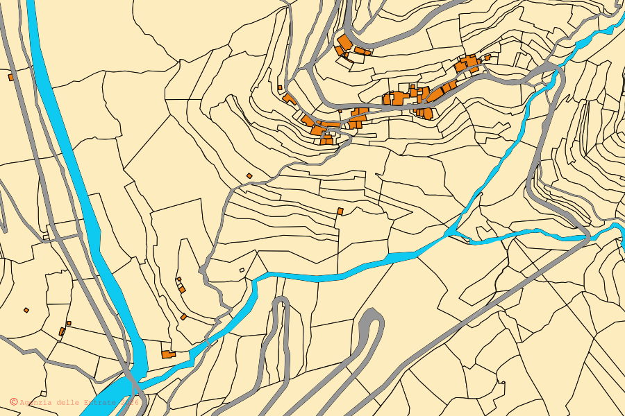 Mappa catastale del centro di Pieve di Teco: particelle e fabbricati, cartografia Agenzia delle Entrate