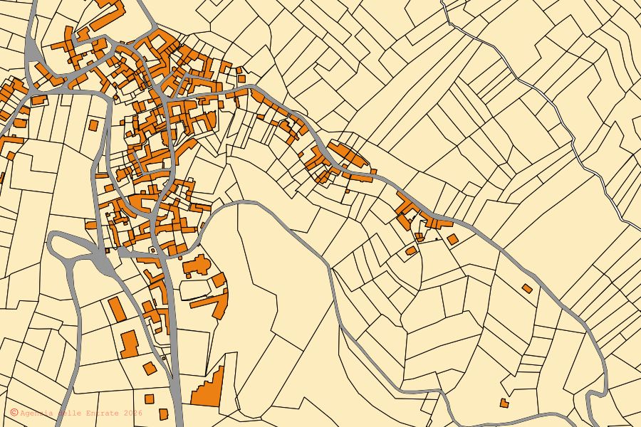 Mappa catastale del centro di Pino d'Asti: particelle e fabbricati, cartografia Agenzia delle Entrate