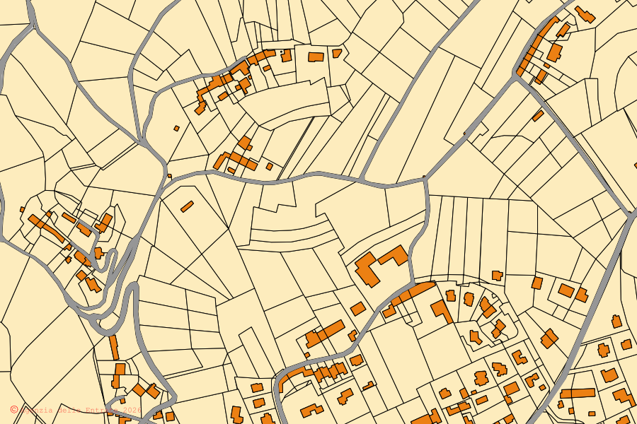 Mappa catastale del centro di Piobesi d'Alba: particelle e fabbricati, cartografia Agenzia delle Entrate
