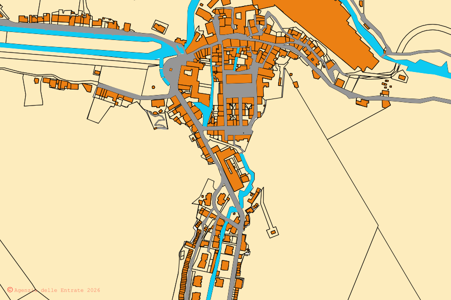 Mappa catastale del centro di Pioraco: particelle e fabbricati, cartografia Agenzia delle Entrate