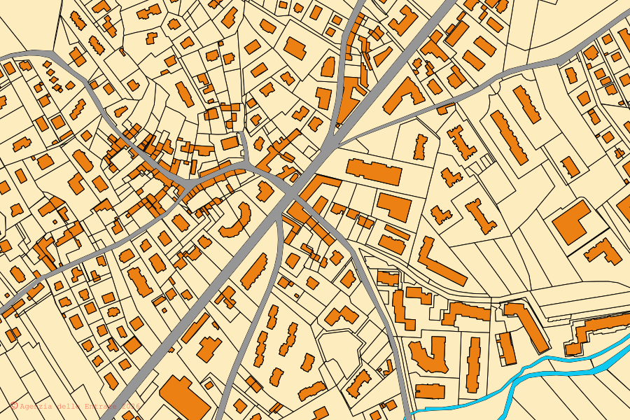 Mappa catastale del centro di Piossasco: particelle e fabbricati, cartografia Agenzia delle Entrate