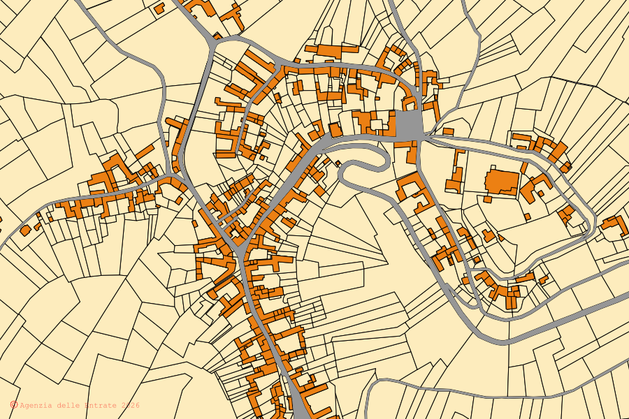 Mappa catastale del centro di Piovà Massaia: particelle e fabbricati, cartografia Agenzia delle Entrate