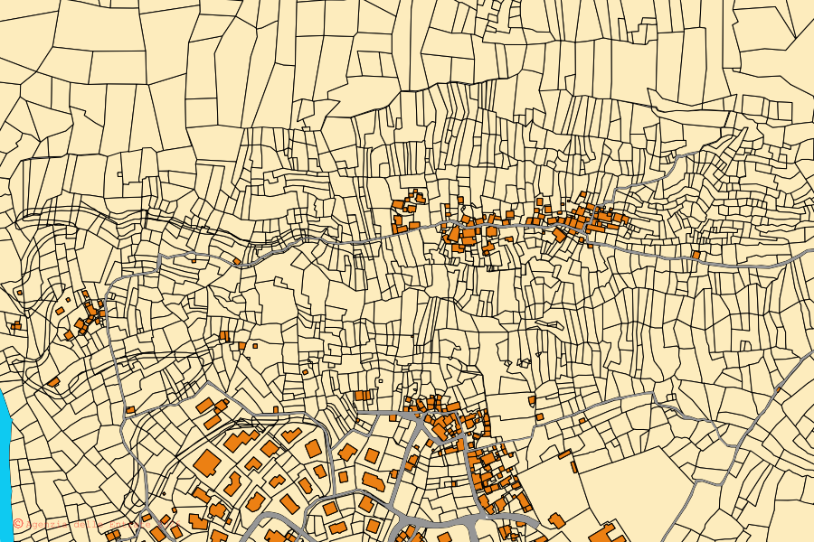 Mappa catastale del centro di Piuro: particelle e fabbricati, cartografia Agenzia delle Entrate