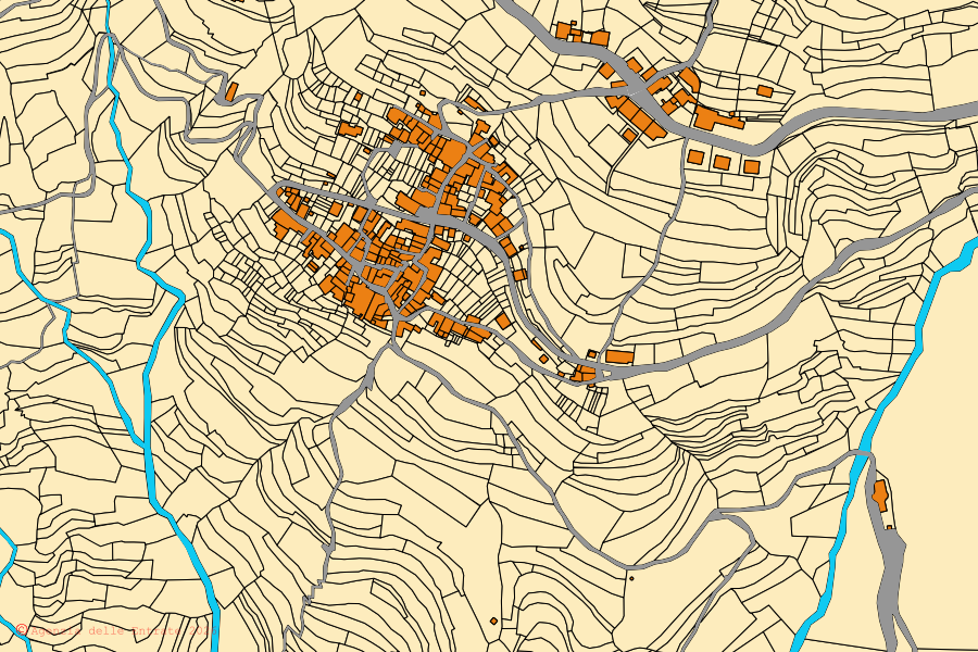 Mappa catastale del centro di Pornassio: particelle e fabbricati, cartografia Agenzia delle Entrate