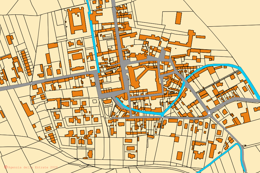 Mappa catastale del centro di Prarolo: particelle e fabbricati, cartografia Agenzia delle Entrate