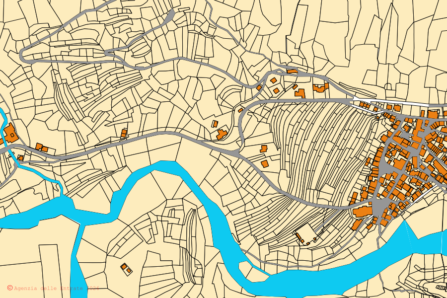 Mappa catastale del centro di Prato Carnico: particelle e fabbricati, cartografia Agenzia delle Entrate