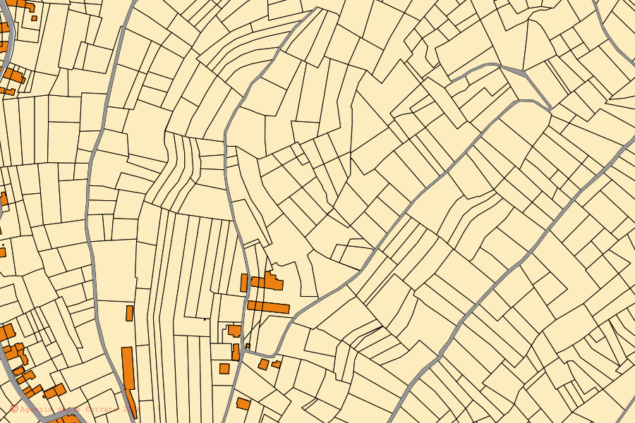 Mappa catastale del centro di Priocca: particelle e fabbricati, cartografia Agenzia delle Entrate