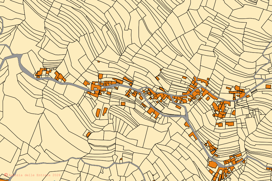 Mappa catastale del centro di Priola: particelle e fabbricati, cartografia Agenzia delle Entrate