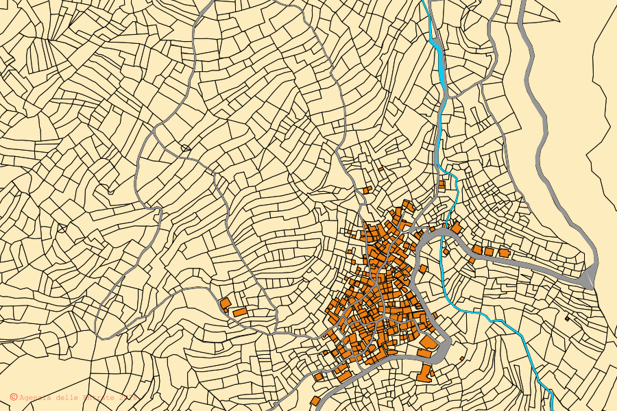 Mappa catastale del centro di Rezzoaglio: particelle e fabbricati, cartografia Agenzia delle Entrate