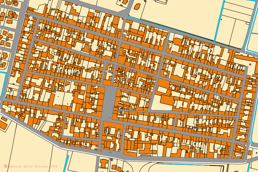 Mappa catastale del centro di Rivarolo Mantovano: particelle e fabbricati, cartografia Agenzia delle Entrate