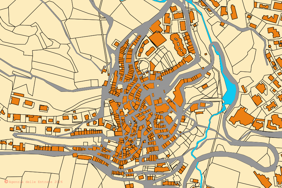 Mappa catastale del centro di Rivisondoli: particelle e fabbricati, cartografia Agenzia delle Entrate