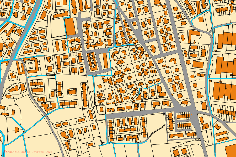 Mappa catastale del centro di Rivolta d'Adda: particelle e fabbricati, cartografia Agenzia delle Entrate