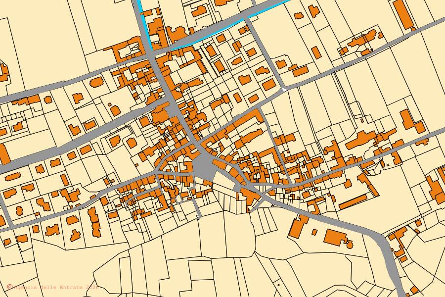 Mappa catastale del centro di Rocca de' Baldi: particelle e fabbricati, cartografia Agenzia delle Entrate