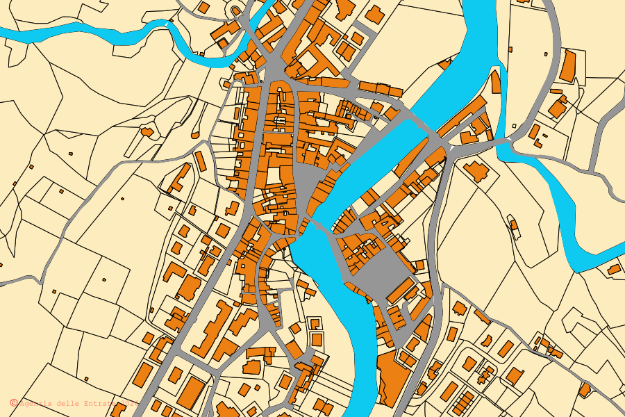 Mappa catastale del centro di Rocca San Casciano: particelle e fabbricati, cartografia Agenzia delle Entrate