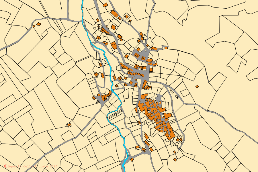 Mappa catastale del centro di Rocca Sinibalda: particelle e fabbricati, cartografia Agenzia delle Entrate