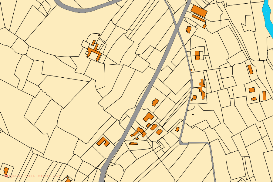 Mappa catastale del centro di Rodello: particelle e fabbricati, cartografia Agenzia delle Entrate