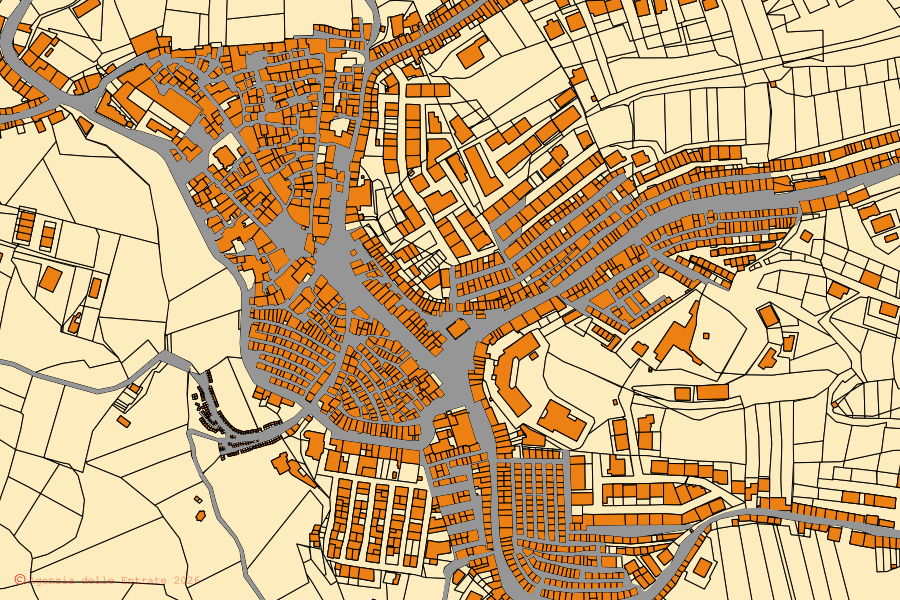 Mappa catastale del centro di Roggiano Gravina: particelle e fabbricati, cartografia Agenzia delle Entrate