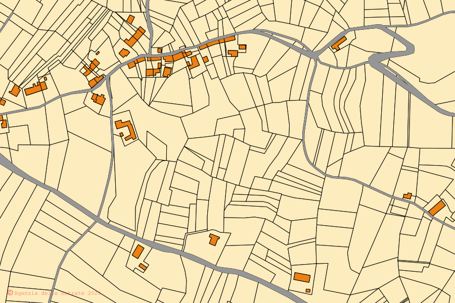 Mappa catastale del centro di San Damiano d'Asti: particelle e fabbricati, cartografia Agenzia delle Entrate