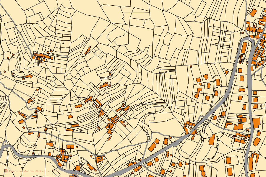 Mappa catastale del centro di San Germano Chisone: particelle e fabbricati, cartografia Agenzia delle Entrate
