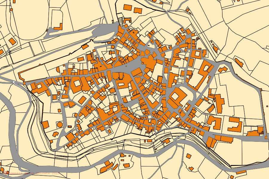 Mappa catastale del centro di San Ginesio: particelle e fabbricati, cartografia Agenzia delle Entrate
