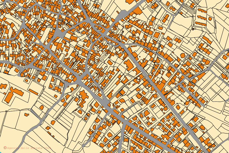 Mappa catastale del centro di San Nicolò d'Arcidano: particelle e fabbricati, cartografia Agenzia delle Entrate