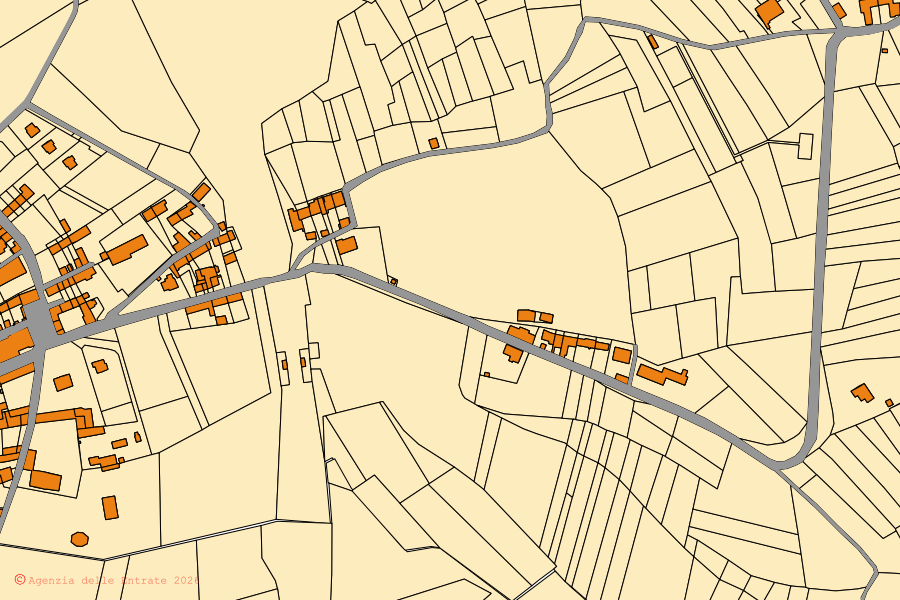 Mappa catastale del centro di San Paolo Solbrito: particelle e fabbricati, cartografia Agenzia delle Entrate