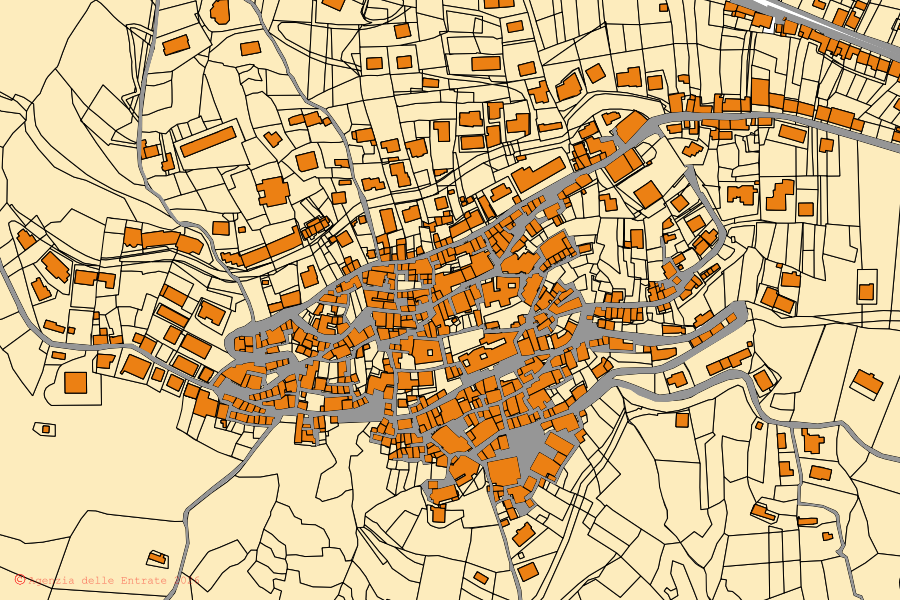 Mappa catastale del centro di San Pietro Apostolo: particelle e fabbricati, cartografia Agenzia delle Entrate