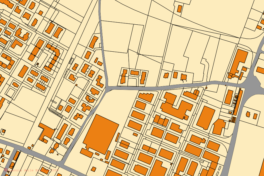 Mappa catastale del centro di San Pietro in Casale: particelle e fabbricati, cartografia Agenzia delle Entrate