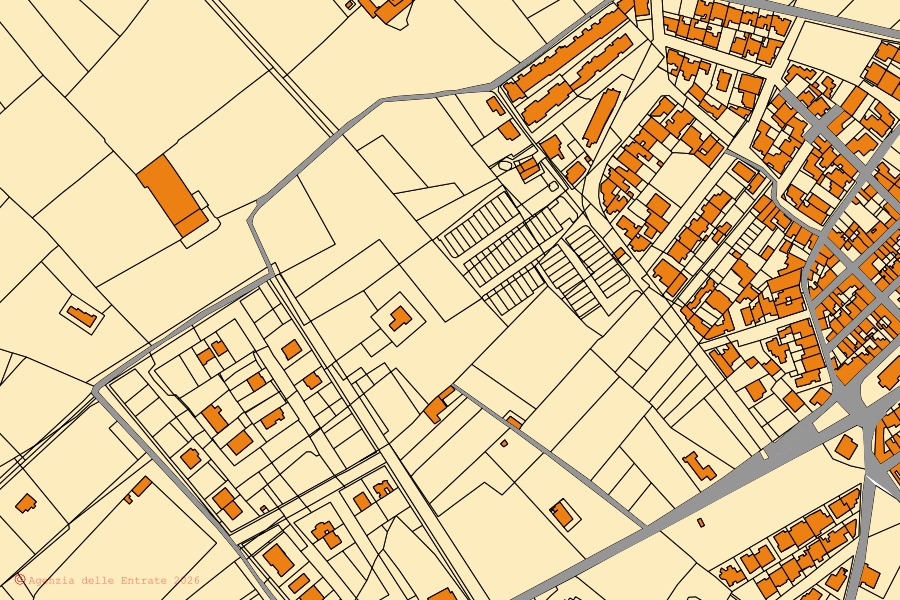 Mappa catastale del centro di San Pietro in Lama: particelle e fabbricati, cartografia Agenzia delle Entrate