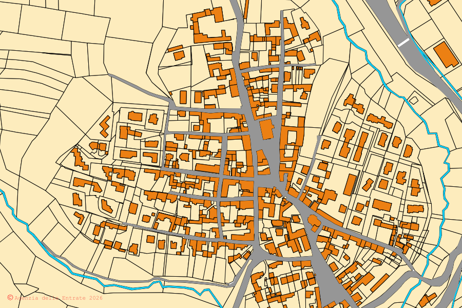 Mappa catastale del centro di Sant'Albano Stura: particelle e fabbricati, cartografia Agenzia delle Entrate