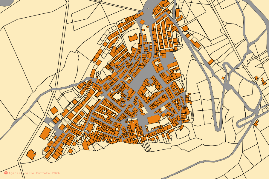 Mappa catastale del centro di Sant'Angelo Muxaro: particelle e fabbricati, cartografia Agenzia delle Entrate