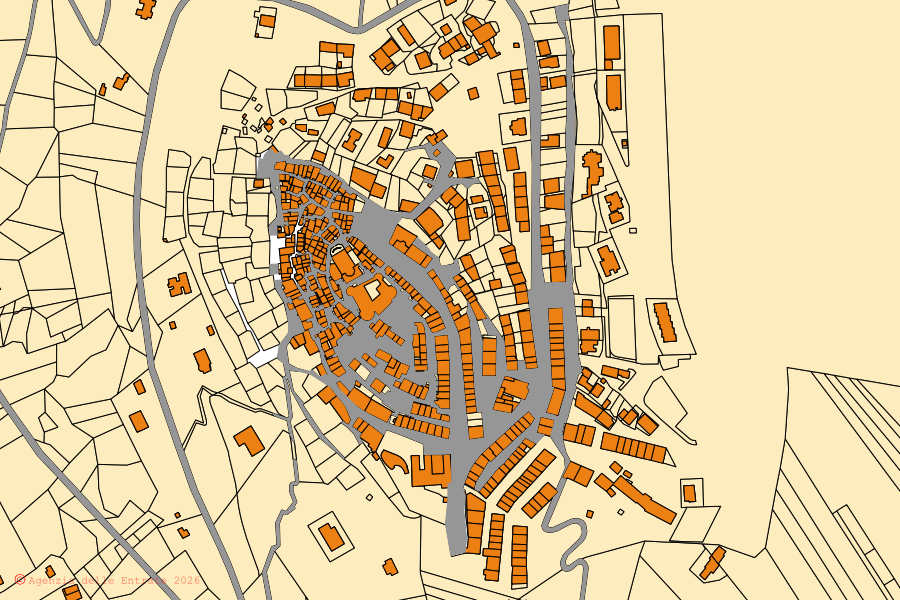 Mappa catastale del centro di Sant'Angelo Romano: particelle e fabbricati, cartografia Agenzia delle Entrate